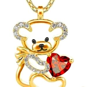 GOLD/STERLING TEDDY BEAR TWO CARAT HEART MOZAMBIQUE GARNET / WHITE TOPAZ 20-IN C